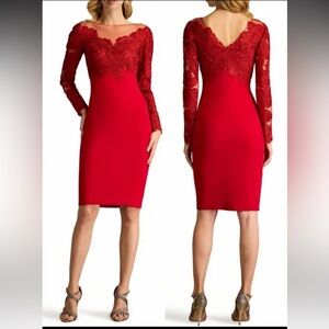 NEW Tadashi Shoji Lace Illusion neck Crepe Red Long Sleeve Dress sz 2